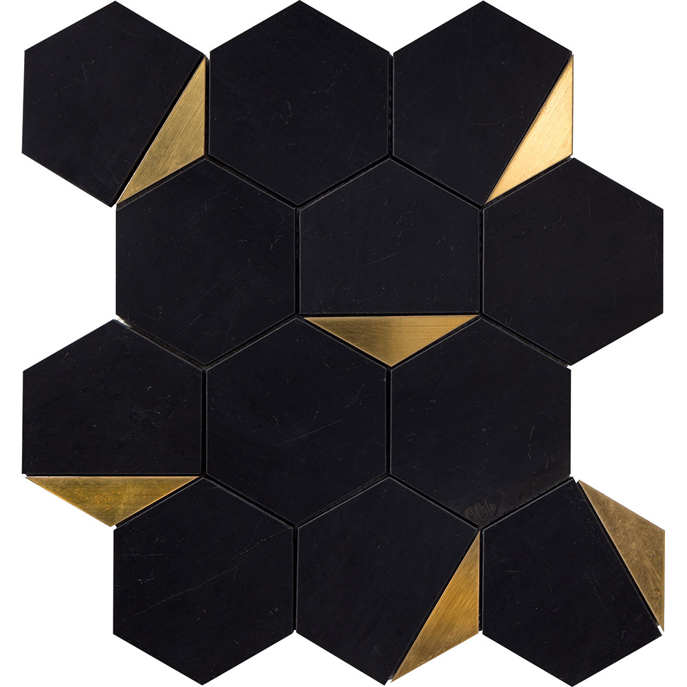 Brass and Black Honed Marble Hexagon Mosaic