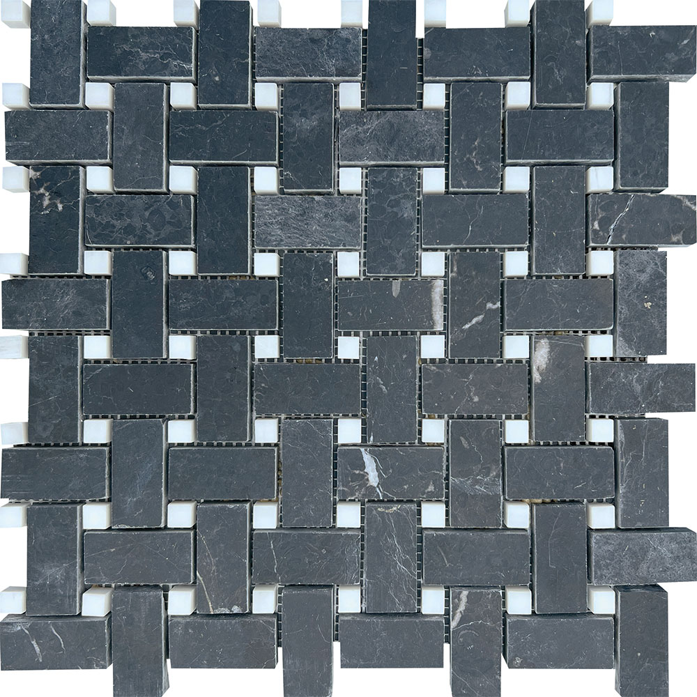 Black Swan Honed 1″x2″ Marble Basketweave Mosaic White Dot
