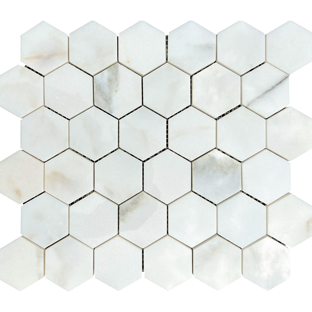 Calacata Ora Polished 2″ Marble Hexagon Mosaic