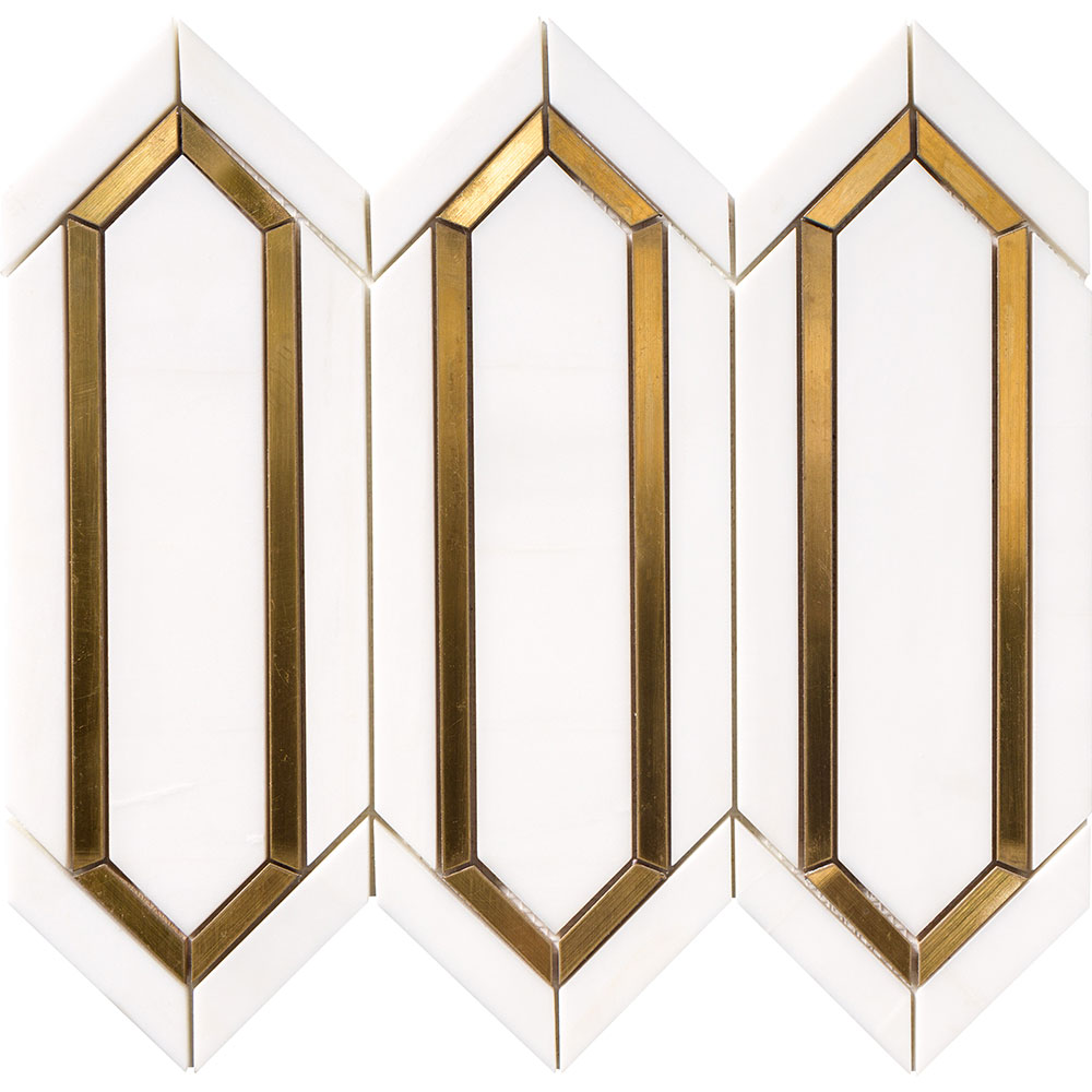 Brass and White Honed Marble Picket Mosaic