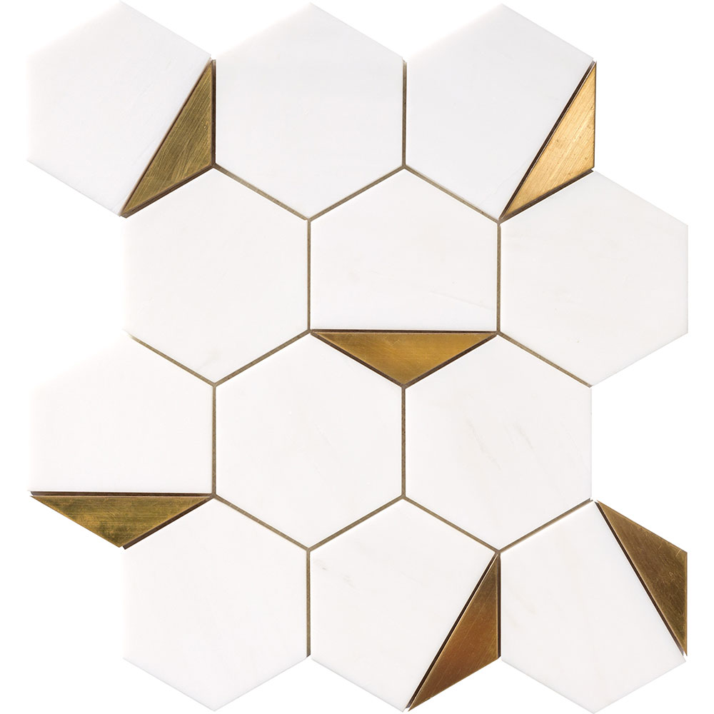 Brass and White Honed Marble Hexagon Mosaic