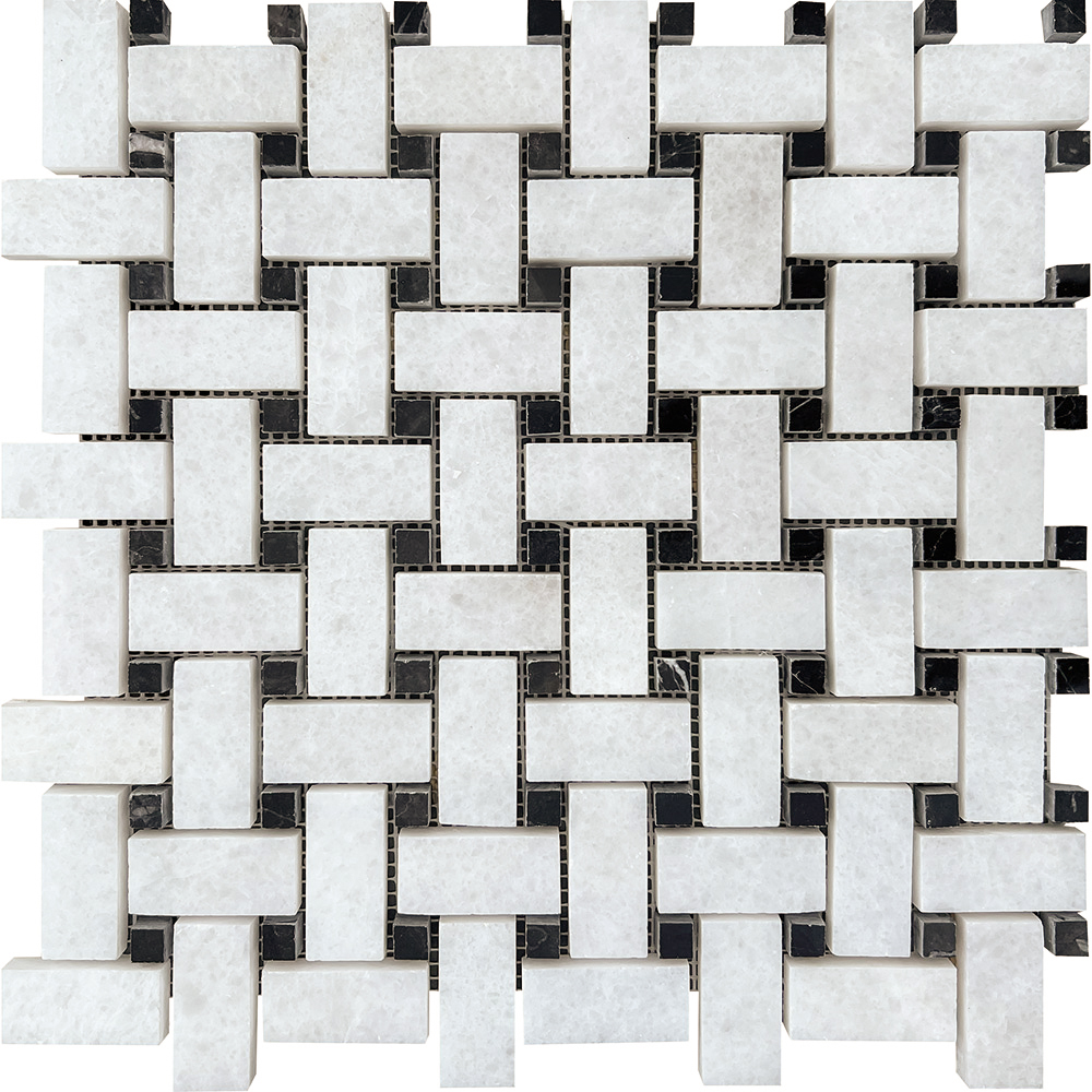 Suzuko Crystal White Polished Marble Basketweave Mosaic Black Dot